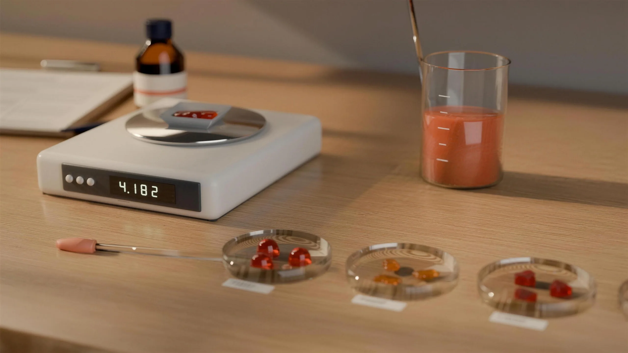 Warm-lit R&D bench with gummy samples on a scale